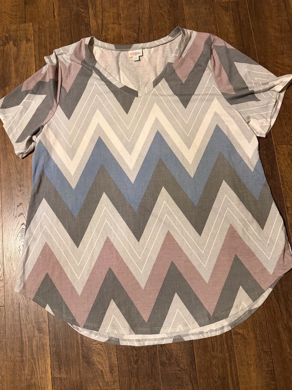 LuLaRoe Chevron V-Neck Top - Blue, Gray & Mauve